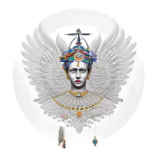 liberta godess full of jewellery standing up, with the world behind her, with symbols of freedom, love, ambition  tattoo design idea
