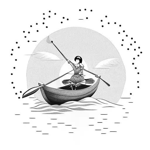 vietnamese woman in a boat, floating on the sea with the sunrise on the background tattoo design idea