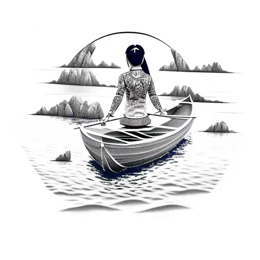 vietnamese woman in a boat, floating on the sea with the sunrise on the background tattoo design idea