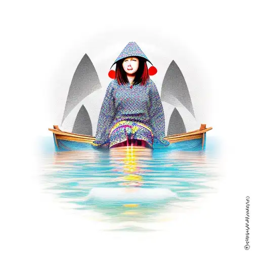 vietnamese woman in boat, face rhe sunrise tattoo design idea