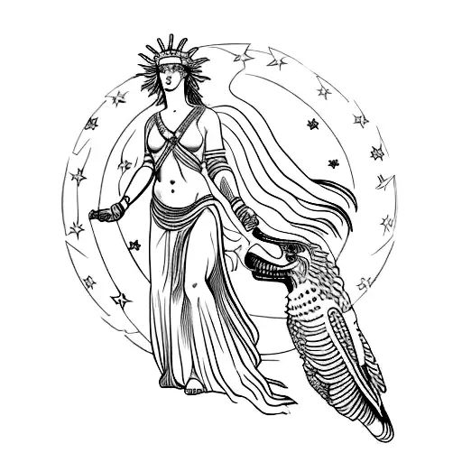 liberta roman godess expressing  freedom, travelling around the world, whith a reference to astro lion  ultra realistic  tattoo design idea