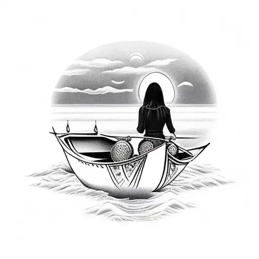vietnamese woman in boat, face rhe sunrise tattoo design idea
