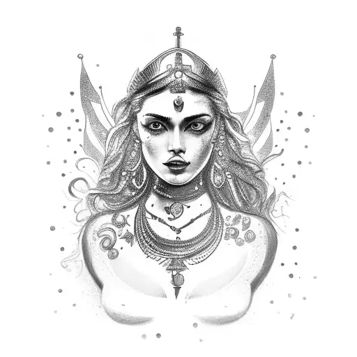 liberta godess full of jewellery standing up, with the world behind her, with symbols of freedom, love, ambition  tattoo design idea