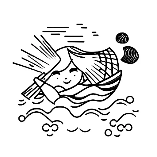 vietnamese woman in a boat, floating on the sea with the sunrise on the background tattoo design idea