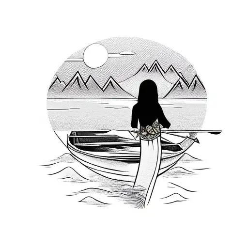 vietnamese woman in boat with mountains tattoo design idea