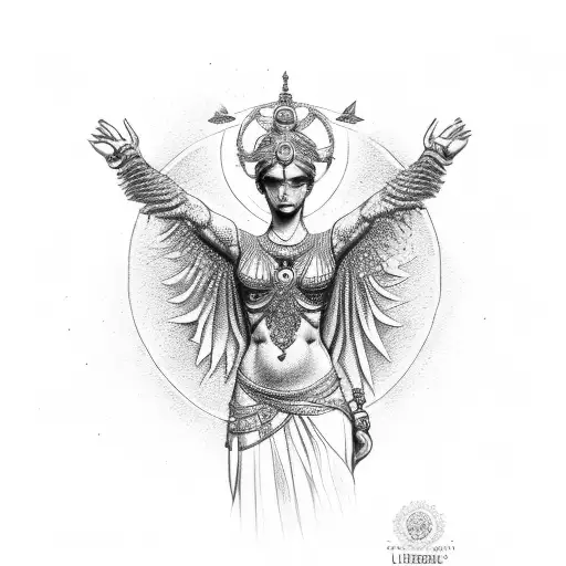 liberta godess full of jewellery standing up, with the world behind her, with symbols of freedom, love, ambition  tattoo design idea