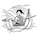 vietnamese woman in a boat, floating on the sea with the sunrise on the background tattoo design idea