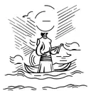 vietnamese woman in a boat, floating on the sea with the sunrise on the background tattoo design idea