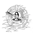 vietnamese woman in a boat, floating on the sea with the sunrise on the background tattoo design idea