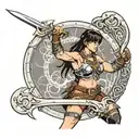xena warrior princess with her chakram and sword standing in a fighting position tattoo design idea
