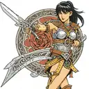 xena warrior princess with her chakram and sword standing in a fighting position tattoo design idea