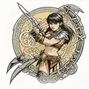 xena warrior princess with her chakram and sword standing in a fighting position tattoo design idea