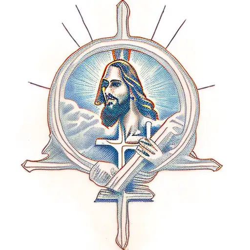 Jesus on a cross with the words (Deus ubique est)  tattoo design idea