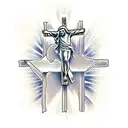 Jesus on a cross with the words (Deus ubique est)  tattoo design idea