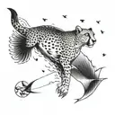 Create a tattoo sleeve design featuring a cheetah running on land, a peregrine falcon flying overhead, and a sailfish sw tattoo design idea