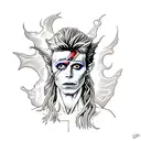 A tattoo inspired by the movie Labyrinth (1983) showcasing David Bowie as Jareth the Goblin King surrounded by enchanting black roses tattoo design idea
