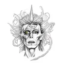 A tattoo inspired by the movie Labyrinth (1983) showcasing David Bowie as Jareth the Goblin King surrounded by enchanting black roses tattoo design idea