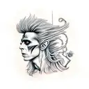 A tattoo inspired by the movie Labyrinth (1983) showcasing David Bowie as Jareth the Goblin King surrounded by enchanting black roses tattoo design idea