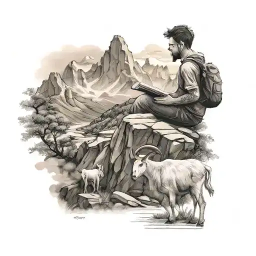 A student studying in a serene mountain landscape with a goat companion tattoo design idea