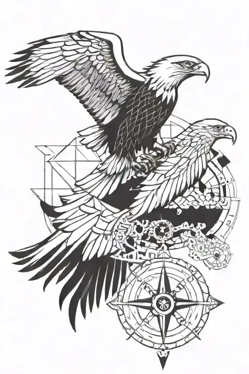 an eagle soreading its wings with a compass on top of it surrounded by geometric features and have "WARRIOR" written   tattoo design idea
