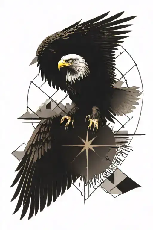 an eagle soreading its wings with a compass on top of it surrounded by geometric features and have "WARRIOR" written   tattoo design idea