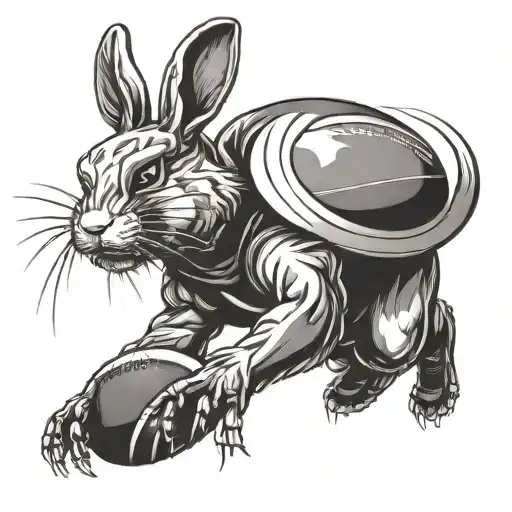 A black and grey illustration of an American football ball transforming into a rabbit mid-air tattoo design idea