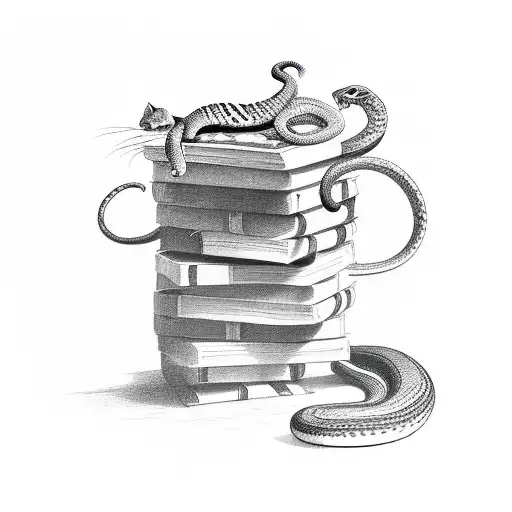 stack of books with snake, cat and mouse coming out of it tattoo design idea