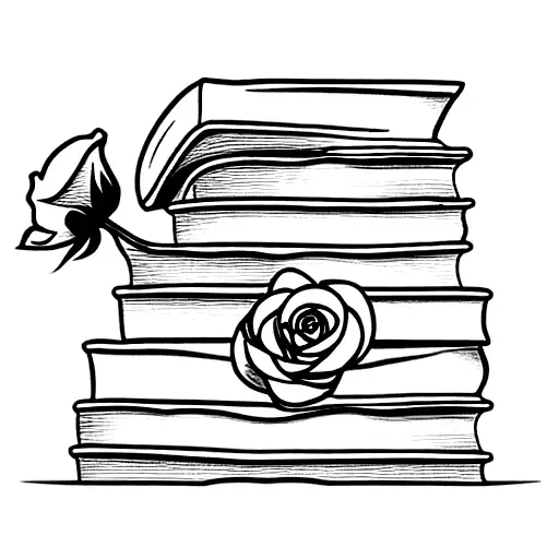 stack of books with a rose floating out of them tattoo design idea
