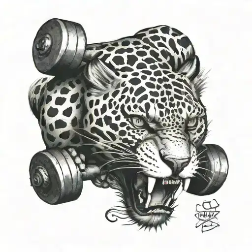 ferocious jaguar biting a dumbbell tattoo design idea