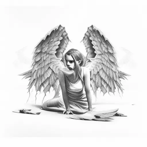 Fallen angel on its knees ripped angel wings tattoo design idea
