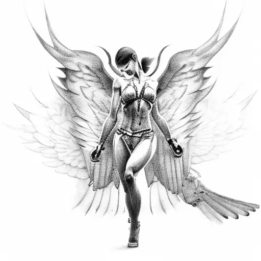 Muscular fallen angel on its knees with ripped wings tattoo design idea