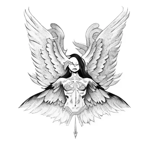 Muscular fallen angel laying its head on its lap with ripped wings tattoo design idea