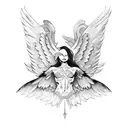 Muscular fallen angel laying its head on its lap with ripped wings tattoo design idea
