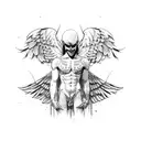 Muscular fallen angel laying its head on its lap with ripped wings tattoo design idea