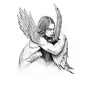 Muscular fallen angel laying its head on its lap with ripped wings tattoo design idea