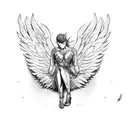 Muscular fallen angel laying its head on its lap with ripped wings tattoo design idea