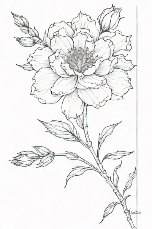 aster flower, delphinium, rose, carnation bouquet wrapped tattoo design idea