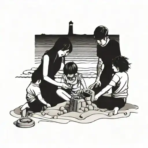 A family of four building sandcastles on the beach tattoo design idea