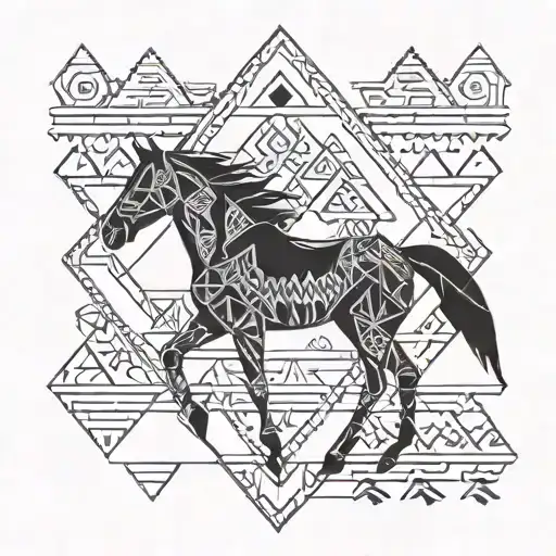 Horse, native american background, geometric shapes tattoo design idea