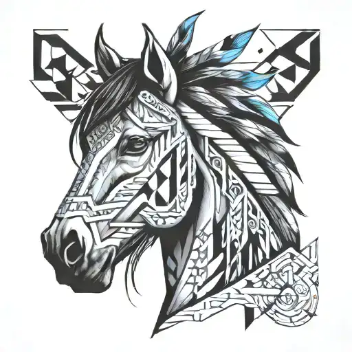Horse, native american background, geometric shapes tattoo design idea