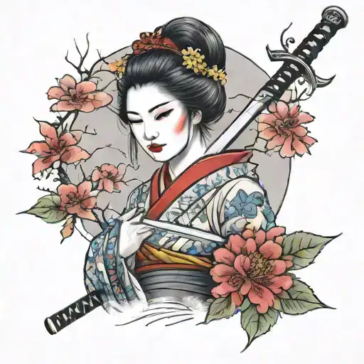 geisha, Woman, sword , blood , Cherry tree , realistic, Dark toner and colour Style  , full figured Picture , lifelike tattoo design idea