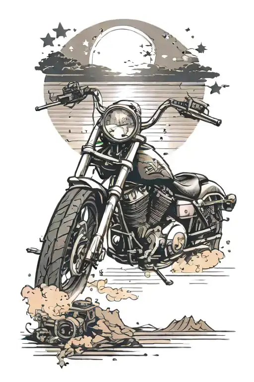 A motorcycle riding into a summer sunset with stars on the sky above tattoo design idea