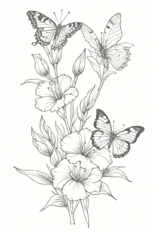 Marigold flower and Gladiolus flower with butterfly tattoo design idea