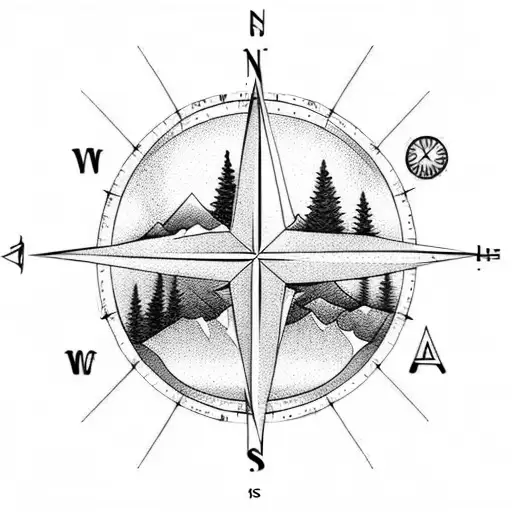 Compass with Mountains and Forest tattoo design idea