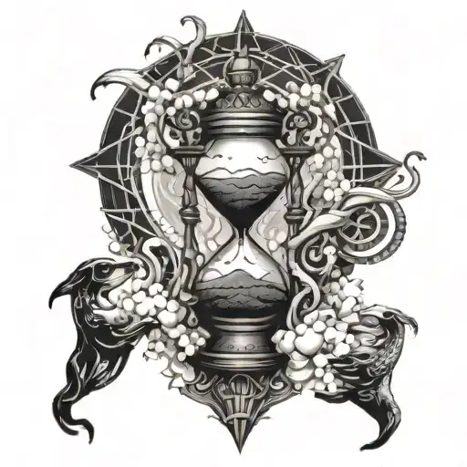 A celestial being holding a hourglass, with the sands of time flowing in a mesmerizing pattern tattoo design idea