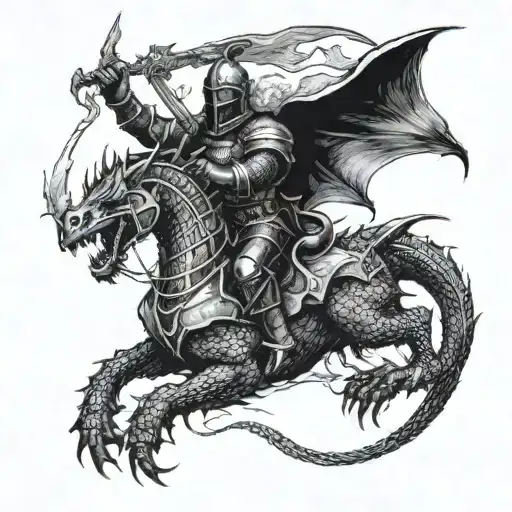 A mystical scene of a knight templar riding a dragon through the ages, with the number 85 subtly incorporated in the background tattoo design idea