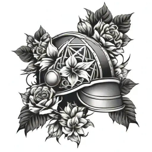 fire helmet and flowers intertwined tattoo design idea