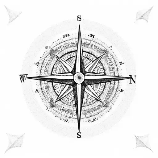 A dotwork tattoo of a compass rose with the Sea of Siracusa as the background, highlighting the direction towards Stadio San Siro tattoo design idea
