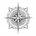 A dotwork tattoo of a compass rose with the Sea of Siracusa as the background, highlighting the direction towards Stadio San Siro tattoo design idea