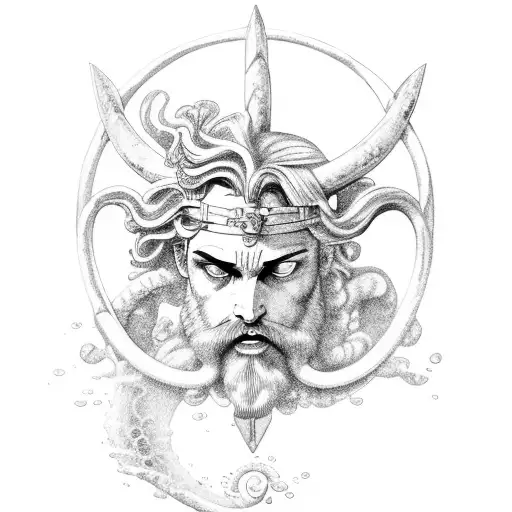 Neptune from mythology fighting under the sea using his Trible in the hand tattoo design idea